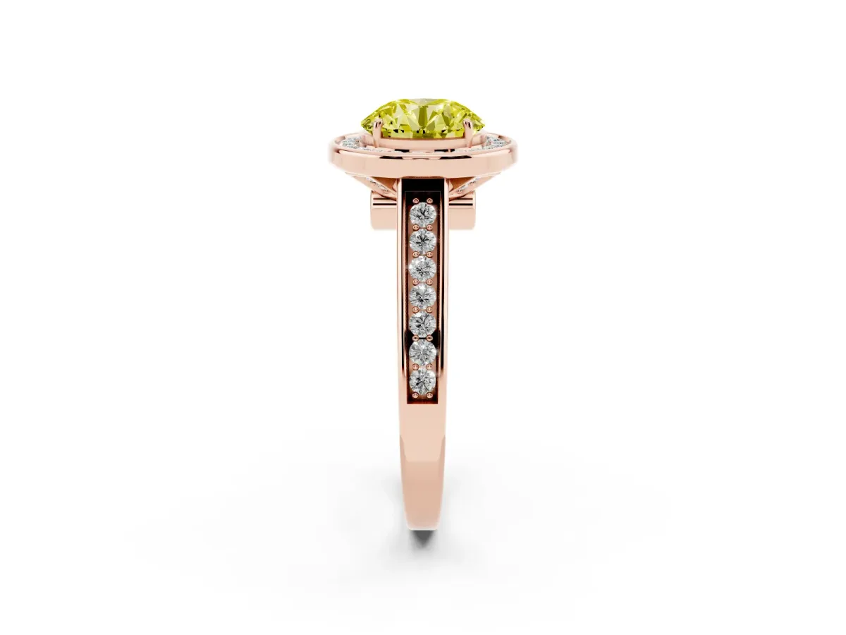 Fancy Yellow Round Cut Halo Solitaire Diamond Ring with Pave Band and Bezel Setting Rose gold