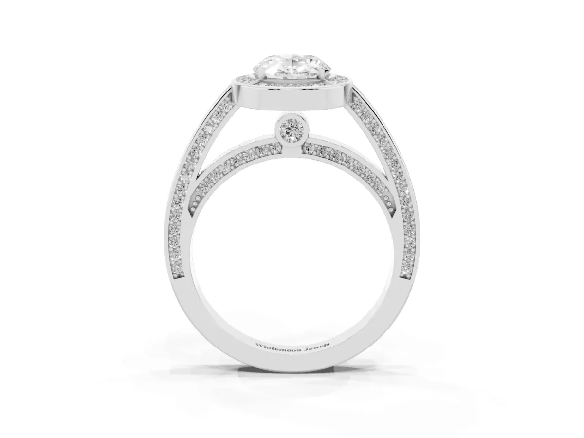 Oval Cut Cut Halo Pave Split Shank Prong Setting Ring White gold