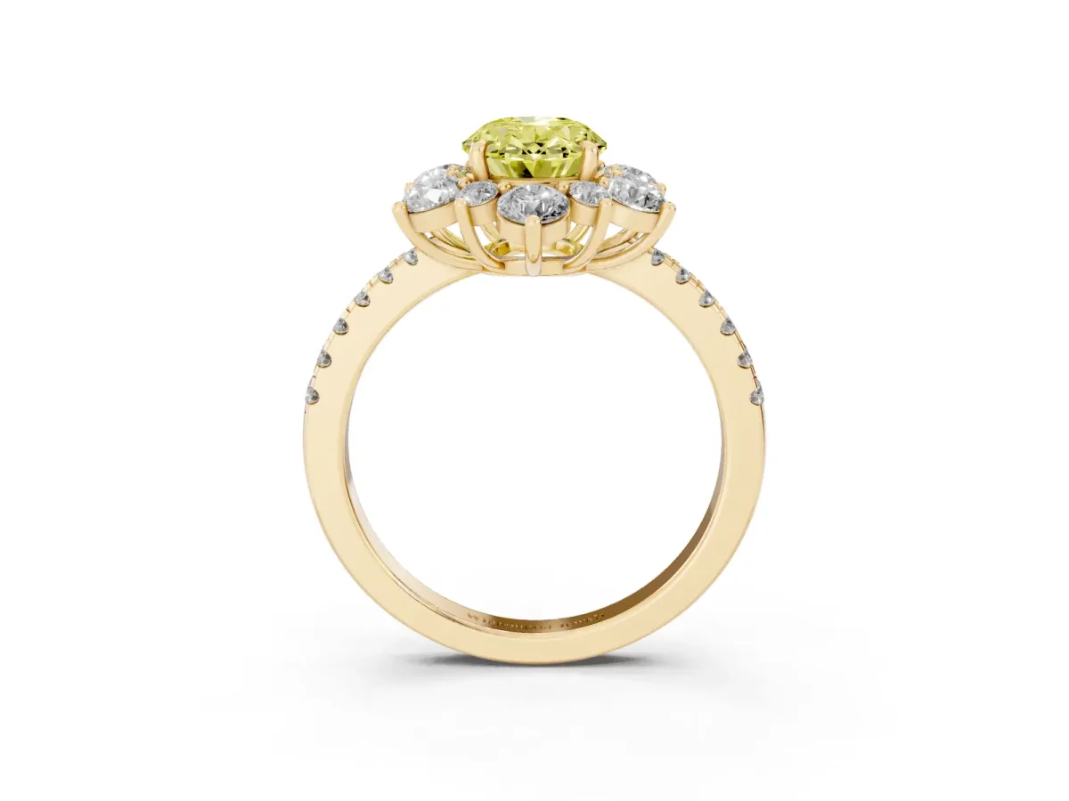 Fancy Yellow Oval Cut Diamond Floral Halo Ring with Round Pavé Band and Prong Setting Yellow gold