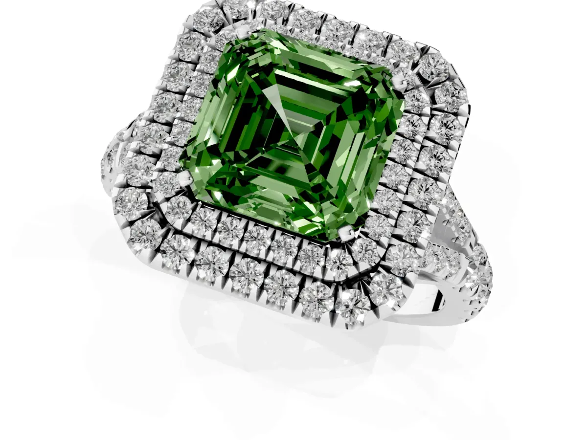 Fancy Green Asscher Cut Cut Double Halo Split Shank Diamond Ring with Prong Setting Silver