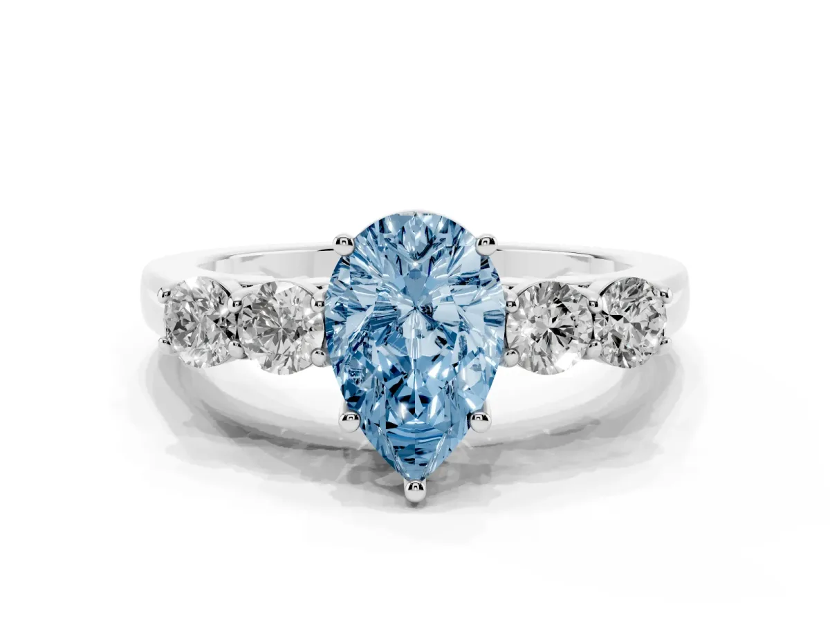 Fancy Blue Pear Cut Cut Diamond Five-Stone Prong Set White Gold Ring Silver
