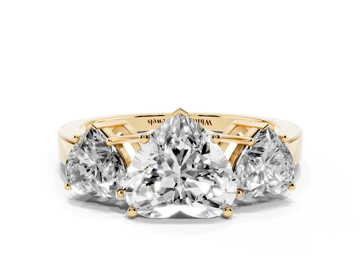 Three-Stone Heart Cut Cut Diamond Engagement Ring with Flat Band and Four-Prong Setting Yellow gold