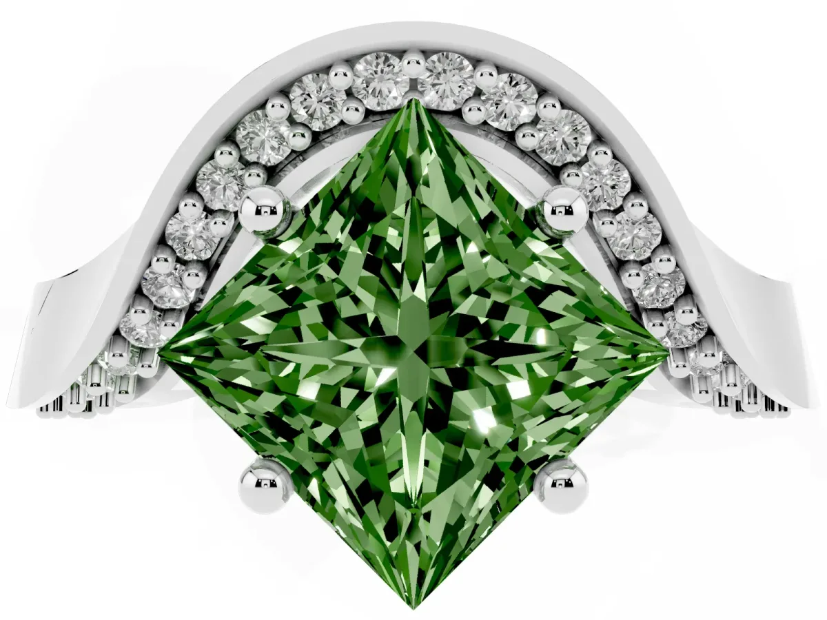 Fancy Green Princess Cut Solitaire Diamond Engagement Ring with Pave Band and Four-Prong Setting White gold
