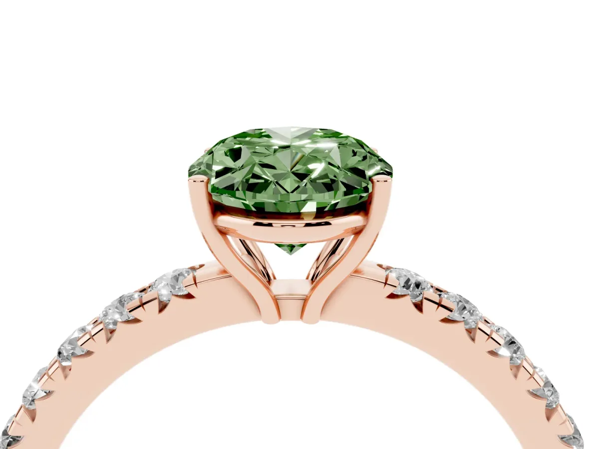 Fancy Green Oval Cut Diamond Pavé Solitaire Engagement Ring with Four-Prong Setting Rose gold