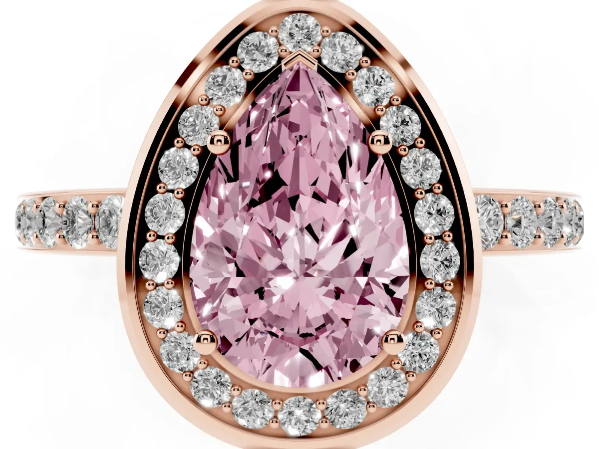 Fancy Pink Pear Cut Diamond Halo Ring with Bezel Frame and Pavé Band Rose gold