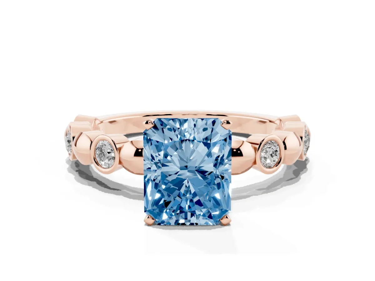 Fancy Blue Radiant Cut Solitaire Bezel-Set Diamond Ring with Beaded Band and Four-Prong Setting Rose gold