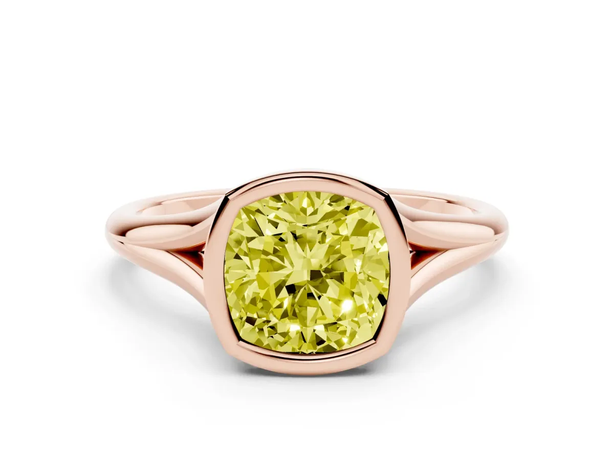 Fancy Yellow Bezel Set Cushion Cut Cut Solitaire Ring with Tapered Band Rose gold
