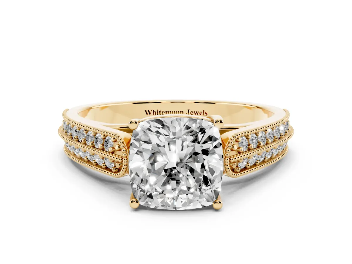 Cushion Cut Cut Pave Split Shank Engagement Ring with Four-Prong Setting Yellow gold