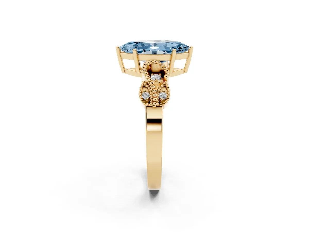 Fancy Blue Marquise Cut Solitaire Milgrain Leaf Band with Prong Setting Yellow gold