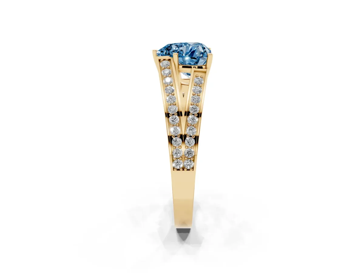Fancy Blue Heart Cut Diamond Split Shank Ring with Pavé Band and Four-Prong Setting Yellow gold
