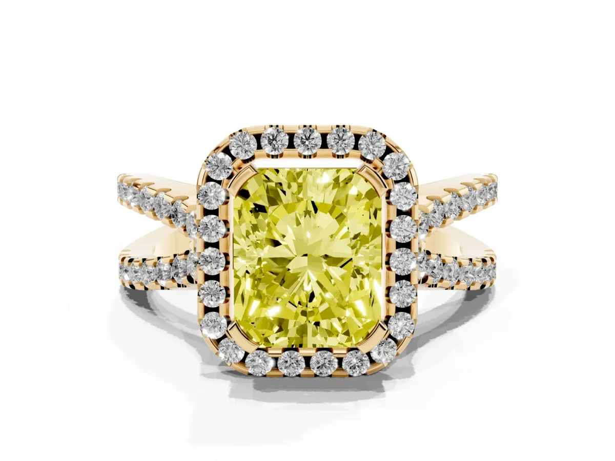 Fancy Yellow Radiant Cut Diamond Halo Ring with Split Shank Pavé Band and Prong Setting Yellow gold