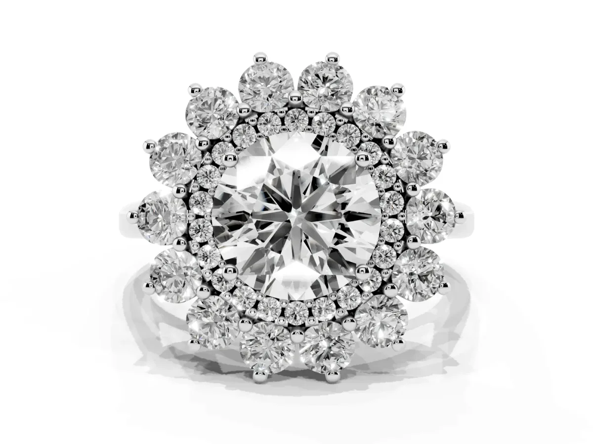 Round Cut Diamond Floral Double Halo Engagement Ring with Prong Setting Silver