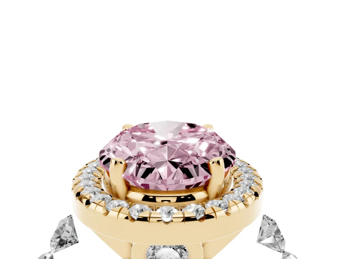 Fancy Pink Oval Cut Halo Pavé Diamond Engagement Ring with Four-Prong Setting Yellow gold