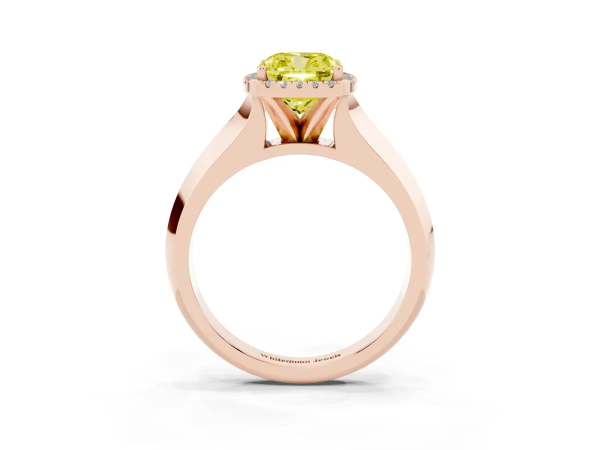 Fancy Yellow Cushion Cut Halo Diamond Ring with Cathedral Band and Four-Prong Setting Rose gold