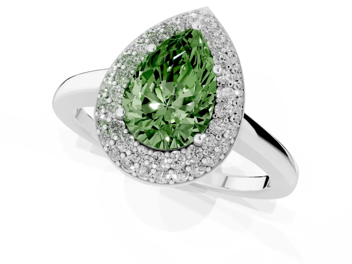Fancy Green Pear Cut Halo Diamond Engagement Ring with Solitaire Band and Four-Prong Setting Silver