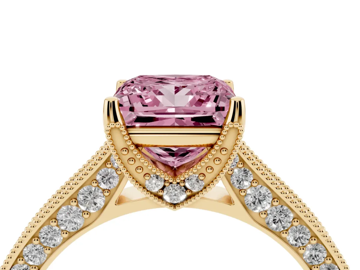 Fancy Pink Princess Cut Cut Diamond Solitaire Ring with Milgrain Pave Band and Four Prong Setting Yellow gold