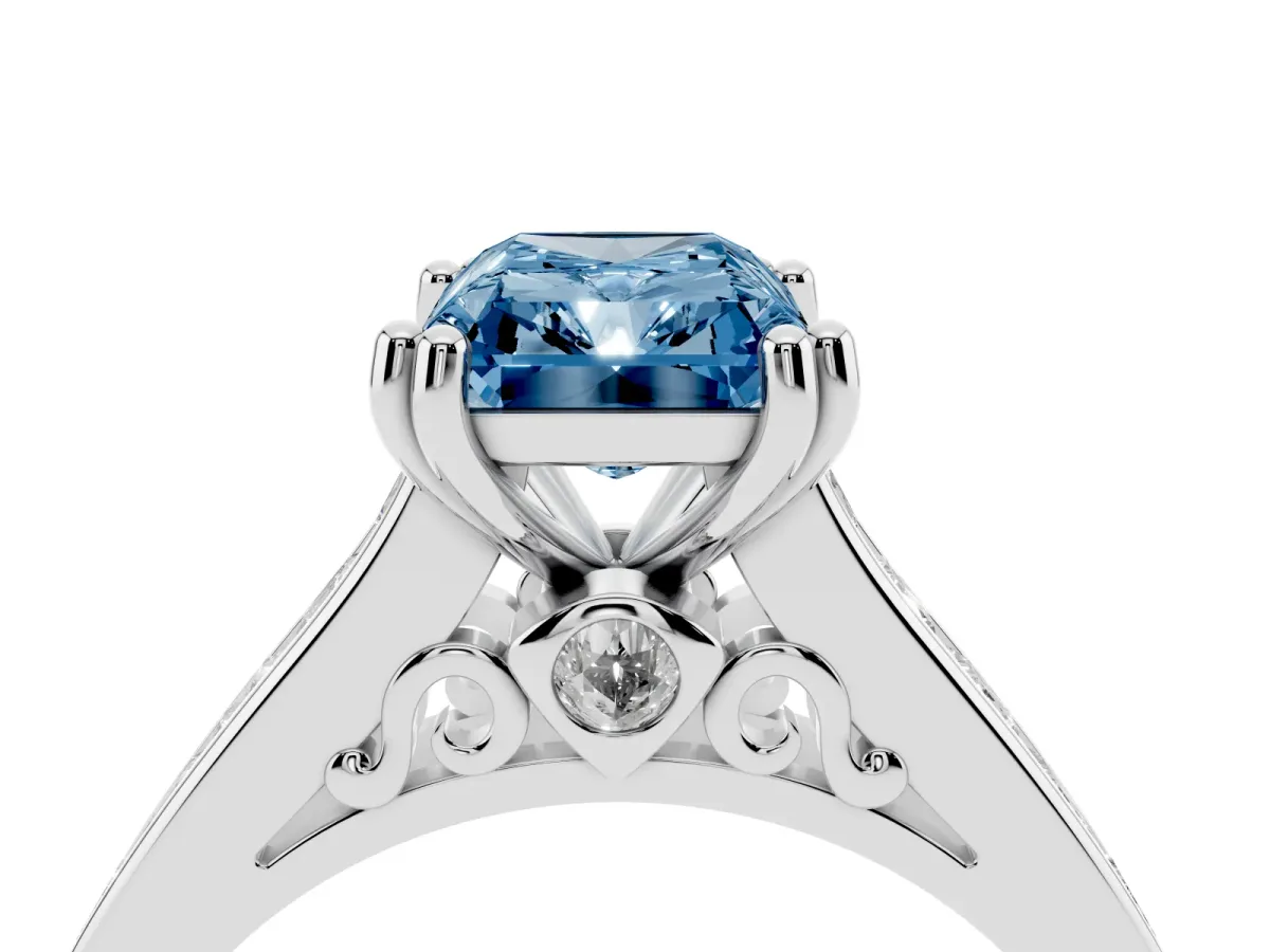 Fancy Blue Radiant Cut Cut Channel Set Solitaire Engagement Ring with Prong Setting Platinum