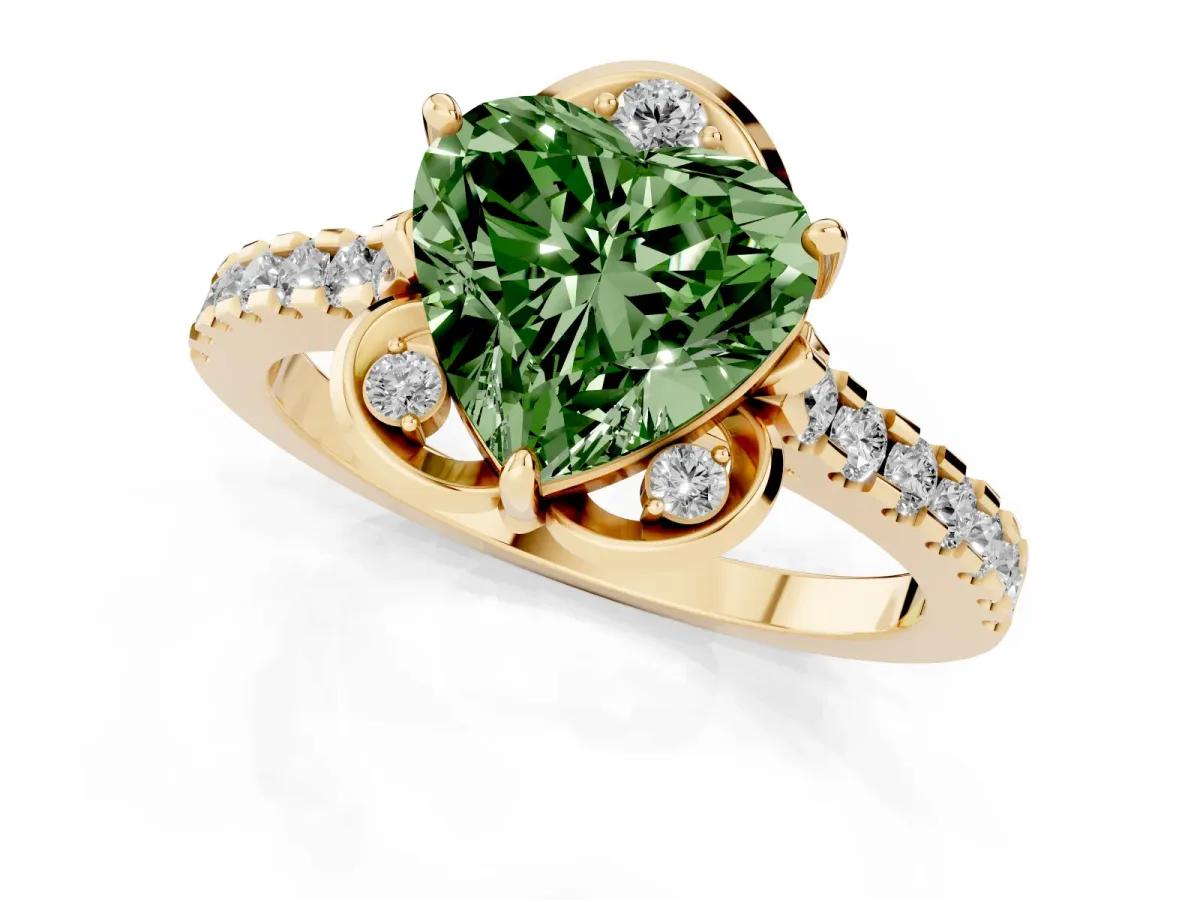 Fancy Green Heart Cut Diamond Ring with Pavé Band and Floral Prong Setting Yellow gold