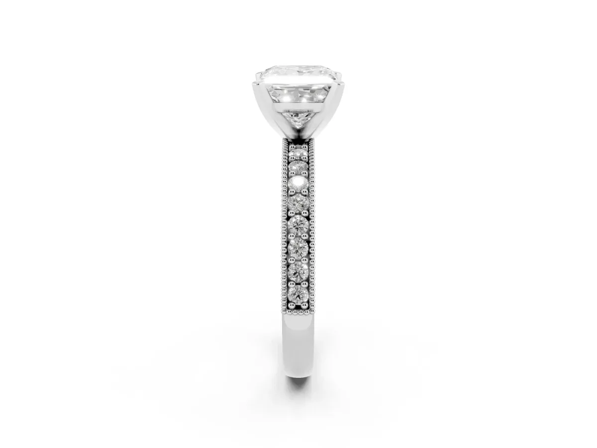 Princess Cut Diamond Milgrain Pavé Engagement Ring with Four-Prong Setting Platinum