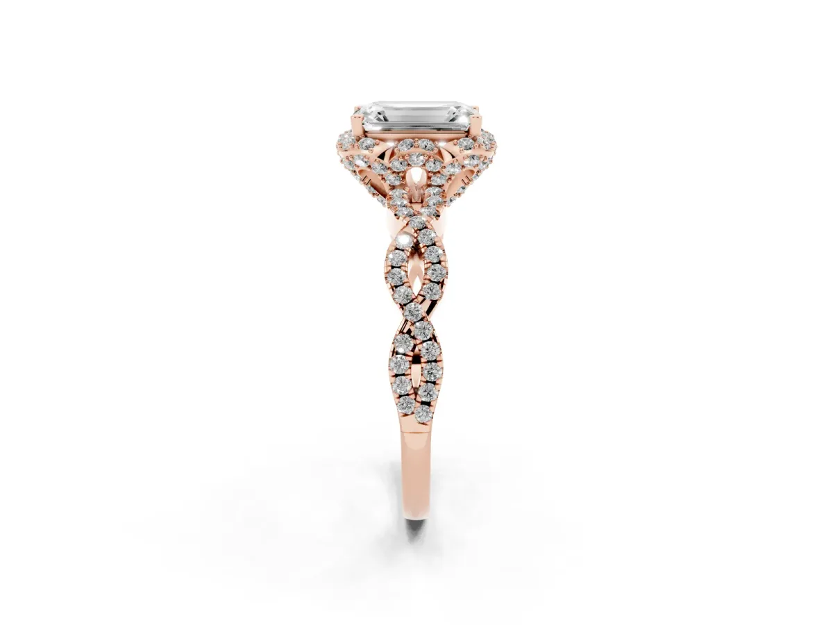 Emerald Cut Halo Twist Band Solitaire Ring with Six-Prong Setting Rose gold