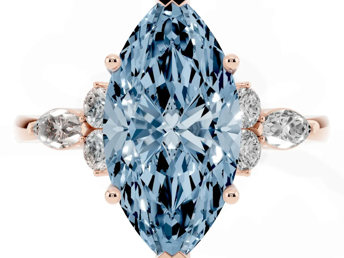 Fancy Blue Marquise Cut Brilliant Diamond Solitaire Ring with Pear Side Stones and Four-Prong Setting Rose gold