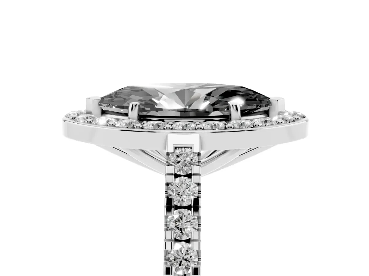 Fancy Black Marquise Cut Diamond Halo Ring with Round Pavé Split Shank and Prong Setting Silver
