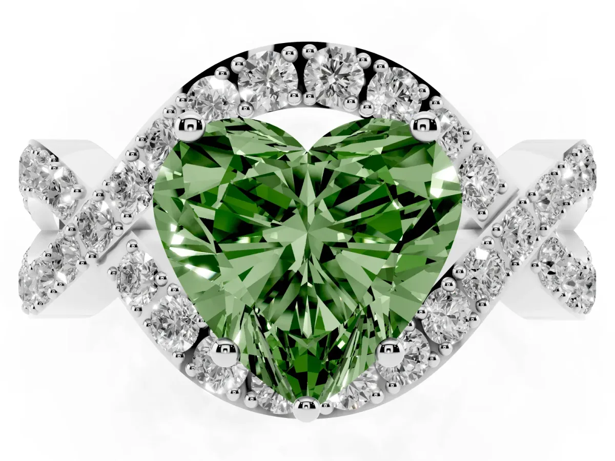 Fancy Green Heart Cut Solitaire Twist Band Pavé Diamond Engagement Ring Silver