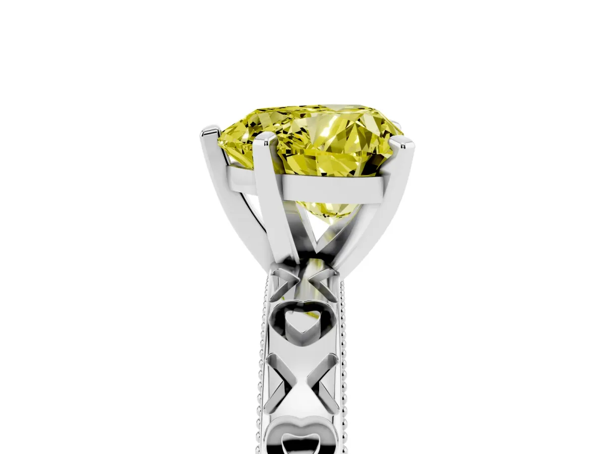 Fancy Yellow Heart Cut Solitaire Diamond Engagement Ring with XO Engraved Band and Four-Prong Setting White gold