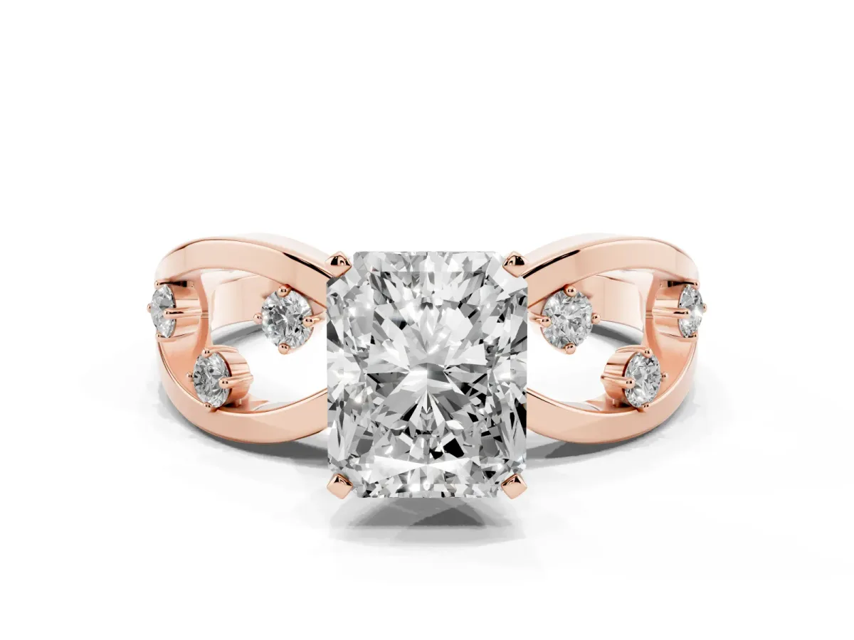 Radiant Cut Cut Solitaire Diamond with Side Stones on Criss-Cross Band and Four-Prong Setting Rose gold