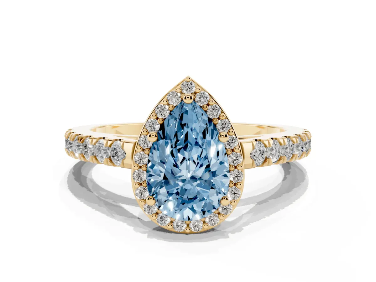 Fancy Blue Pear Cut Cut Halo Diamond Engagement Ring with Pave Band and Four-Prong Setting Yellow gold