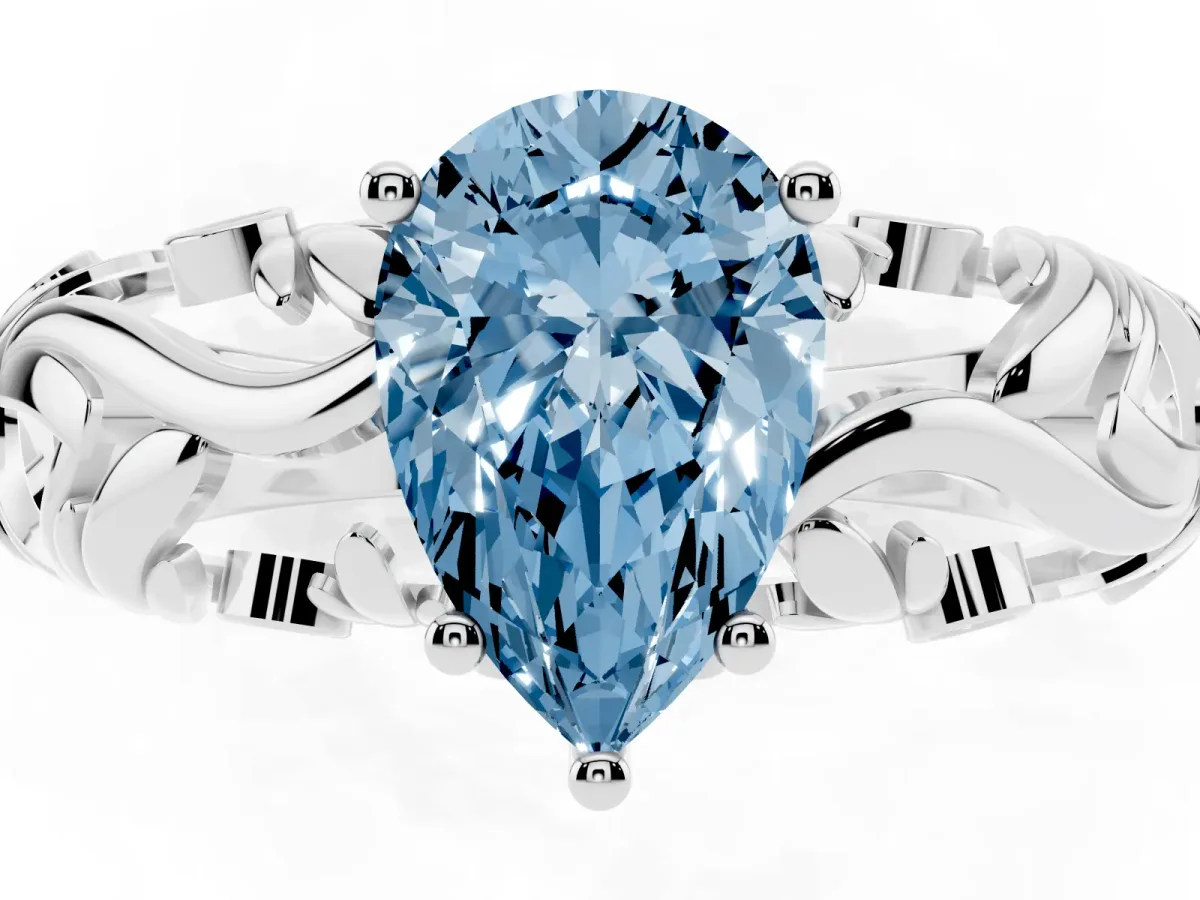 Fancy Blue Pear Cut Solitaire Diamond Leaf-Inspired Vine Band Ring with Prong Setting Silver