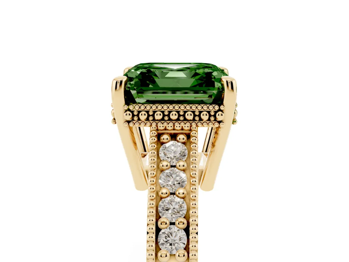 Fancy Green Asscher Cut Solitaire Pavé Diamond Milgrain Engagement Ring with Four-Prong Setting Yellow gold