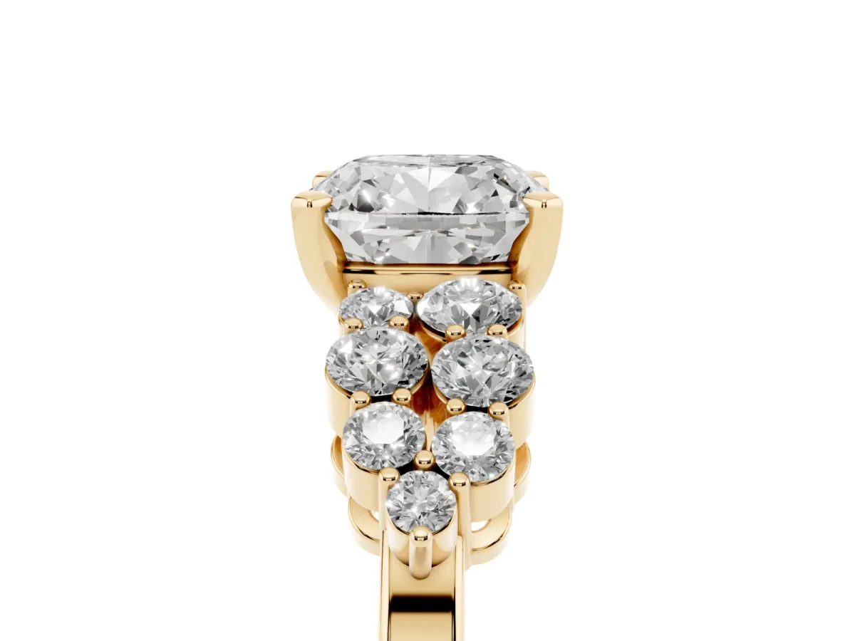 Cushion Cut Cluster Diamond Engagement Ring with Pavé Band and Four-Prong Setting Yellow gold