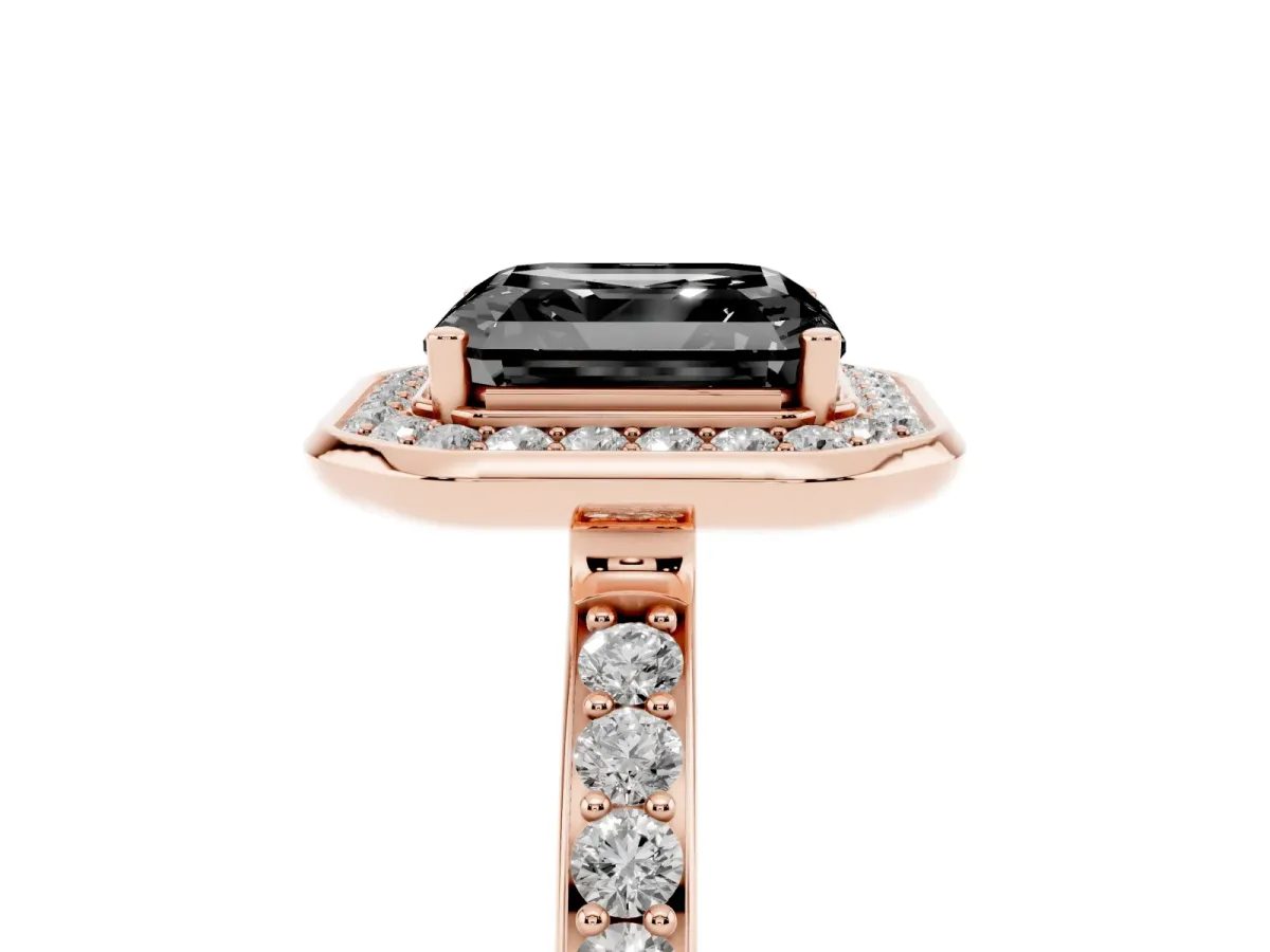 Fancy Black Asscher Cut Diamond Halo Ring with Bezel Frame and Pavé Band Rose gold