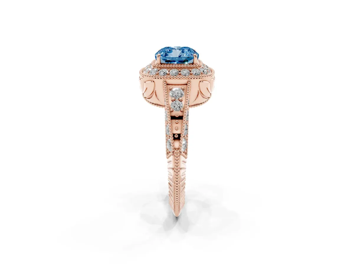 Fancy Blue Cushion Cut Halo Diamond Split Shank Ring with Milgrain Detail Rose gold