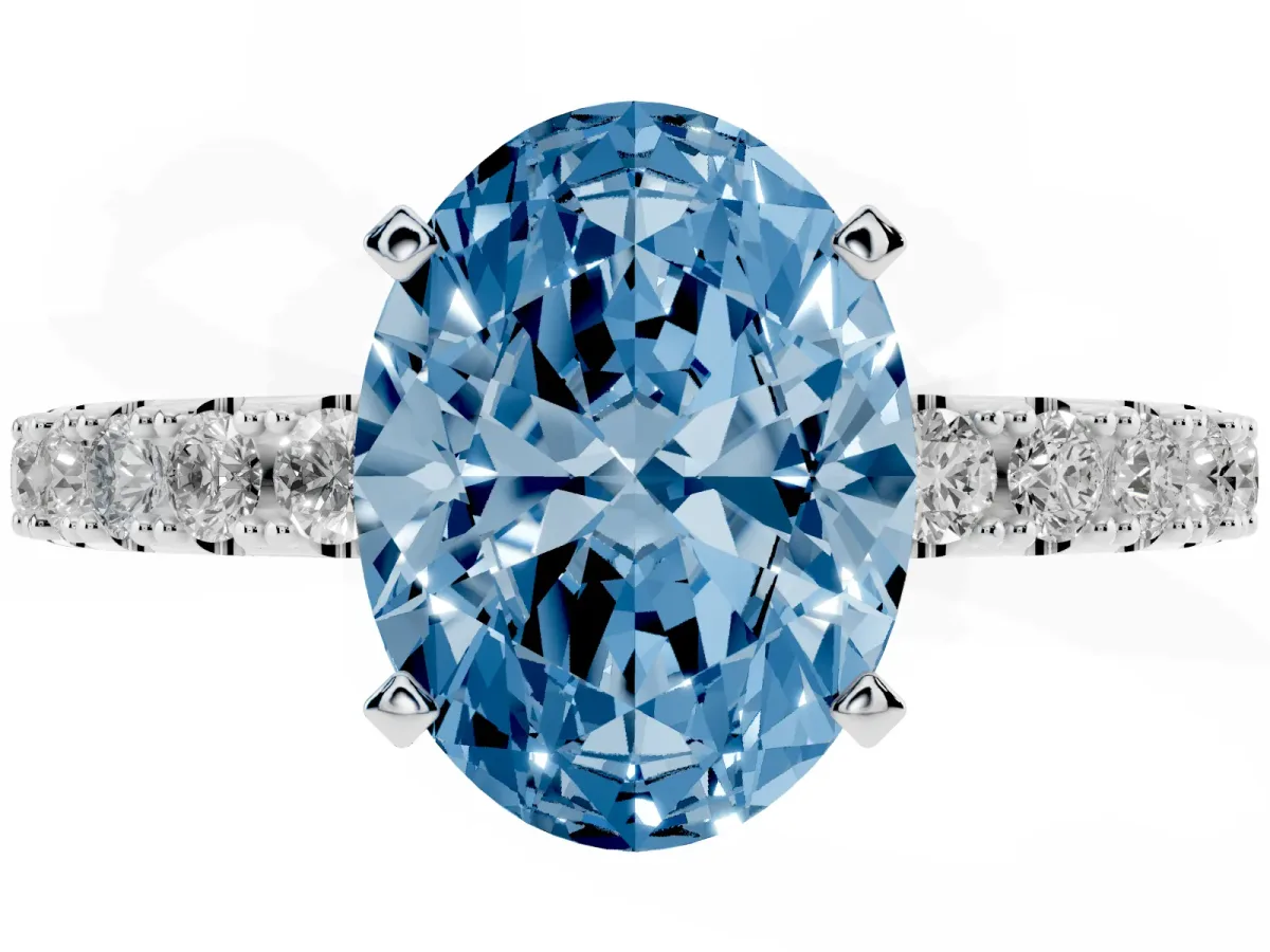 Fancy Blue Oval Cut Diamond Solitaire Pavé Band with Four-Prong Setting Silver