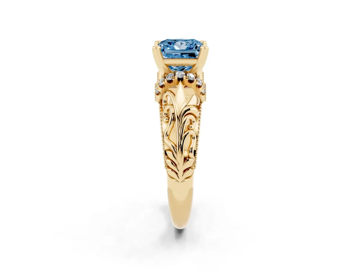 Fancy Blue Princess Cut Solitaire Filigree Engagement Ring with Halo and Prong Setting Yellow gold