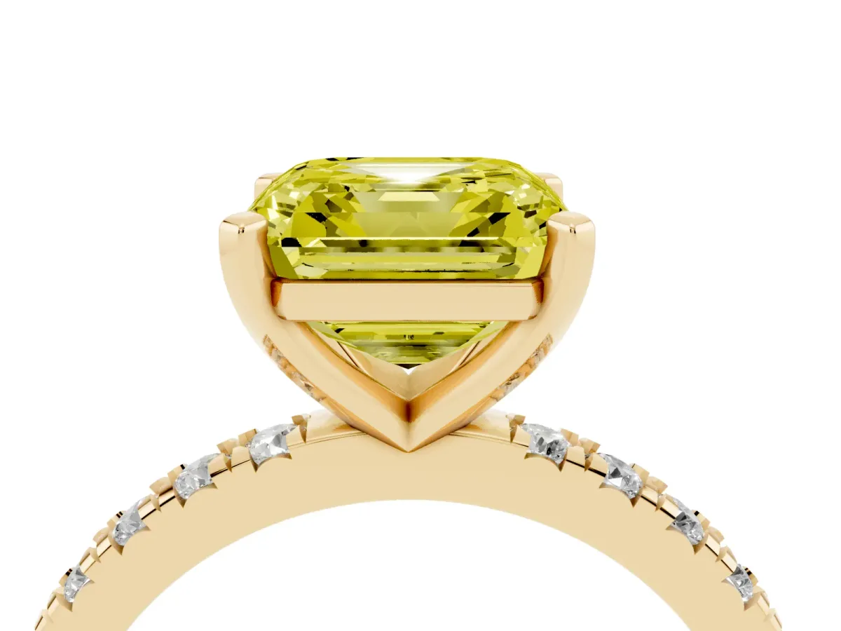 Fancy Yellow Asscher Cut Diamond Pavé Band Solitaire with Four-Prong Setting Yellow gold