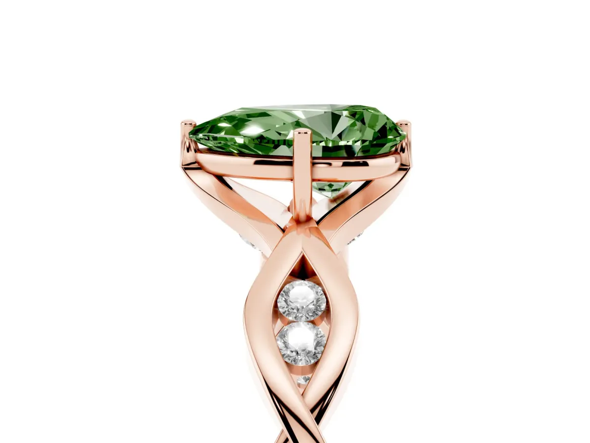 Fancy Green Pear Cut Solitaire Twist Band with Leaf Prong Setting Rose gold