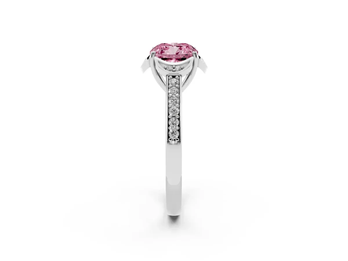 Fancy Pink Cushion Cut Cut Halo Diamond Ring with Channel Set Band and Four-Prong Setting Platinum
