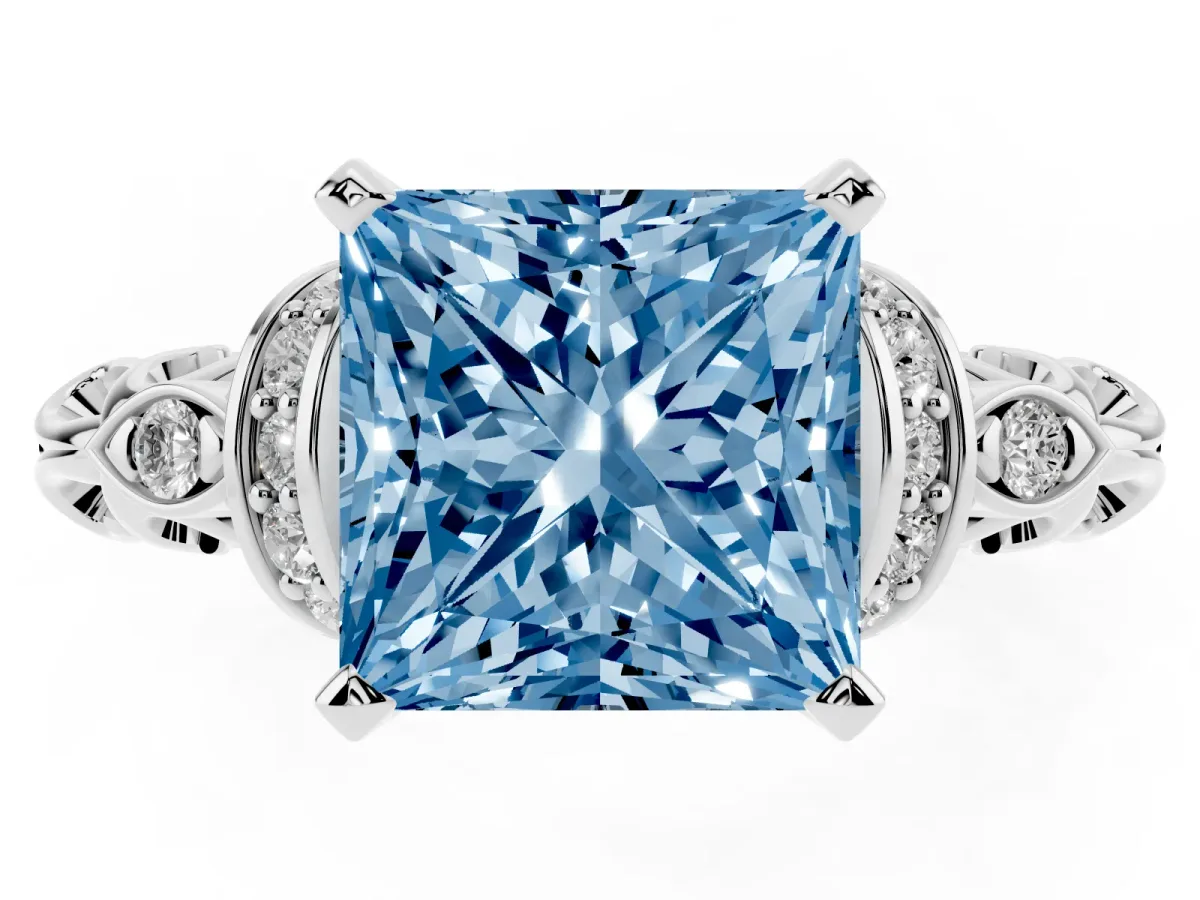 Fancy Blue Princess Cut Diamond Solitaire Ring with Filigree Band and Four-Prong Setting Platinum