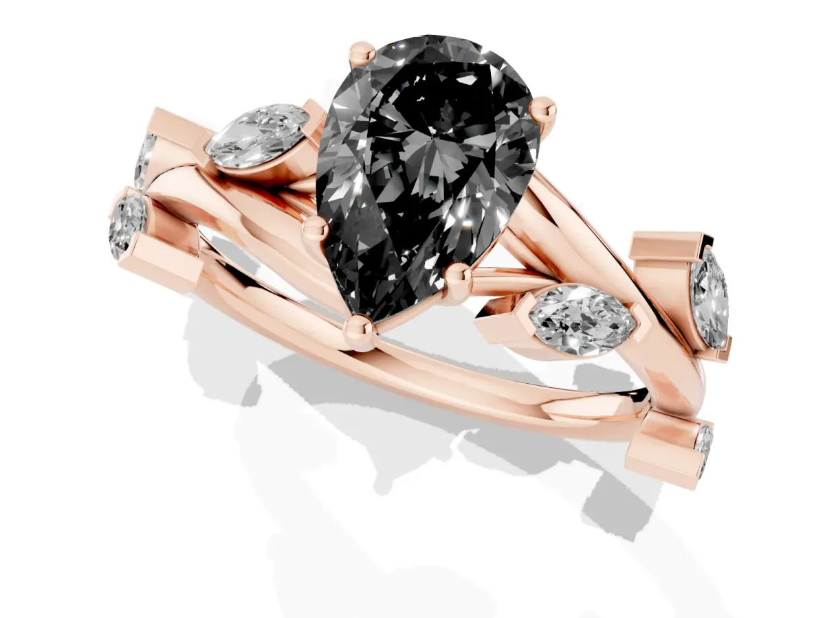 Fancy Black Pear Cut Solitaire Twisted Band Marquise Accent Prong Setting Ring Rose gold