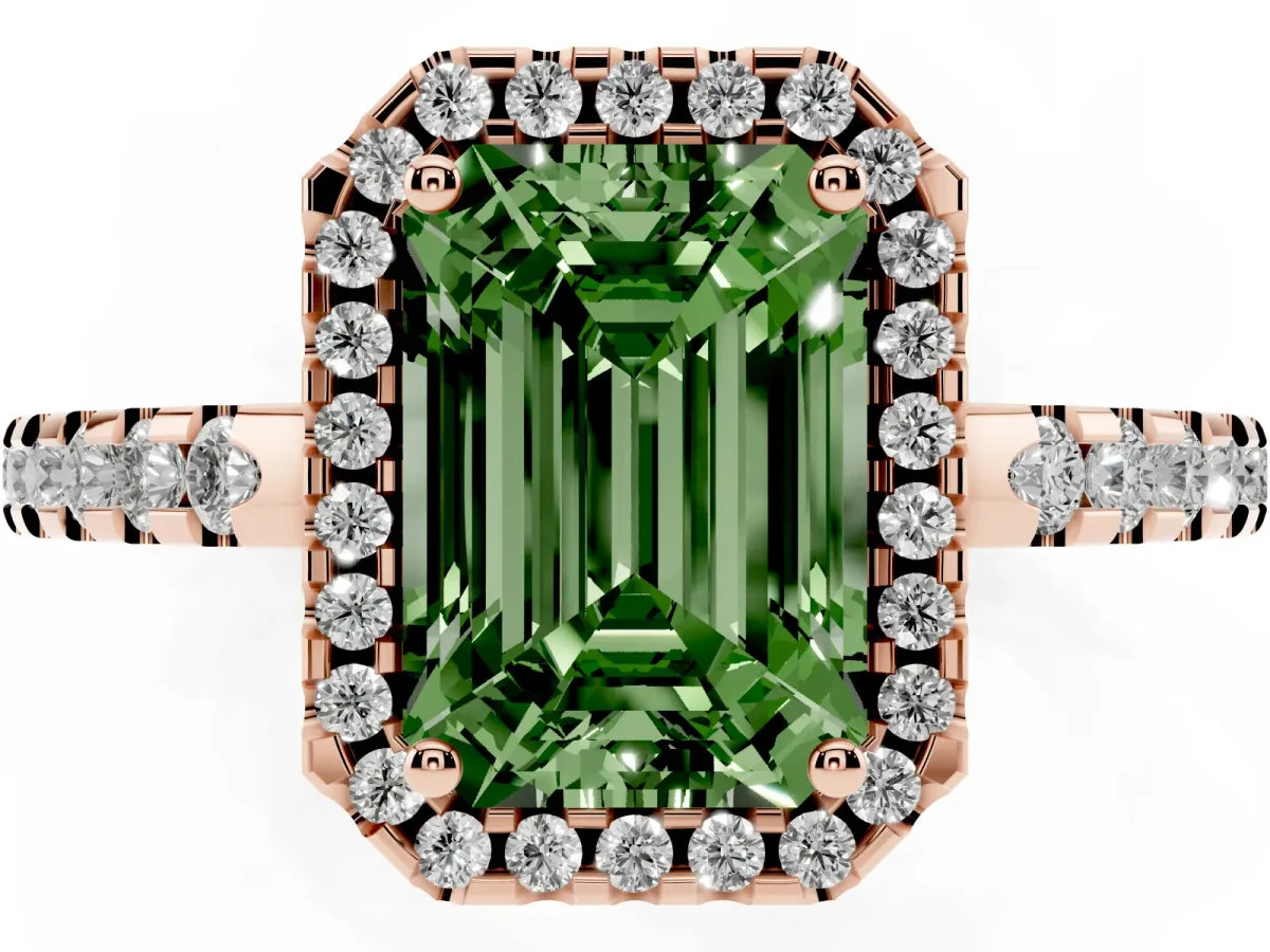 Fancy Green Emerald Cut Diamond Halo Engagement Ring with Pavé Band and Prong Setting Rose gold