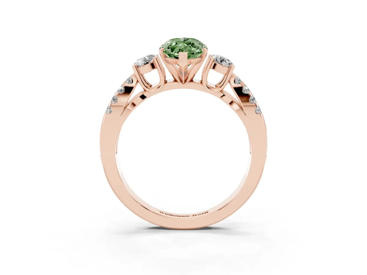 Fancy Green Marquise Cut Diamond Three-Stone Ring with Pavé Split Shank and Four-Prong Setting Rose gold
