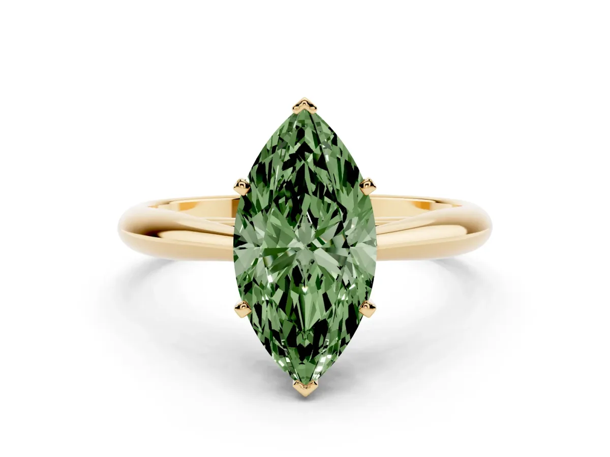 Fancy Green Marquise Cut Diamond Solitaire Engagement Ring with Cathedral Setting and Four-Prong Mount Yellow gold