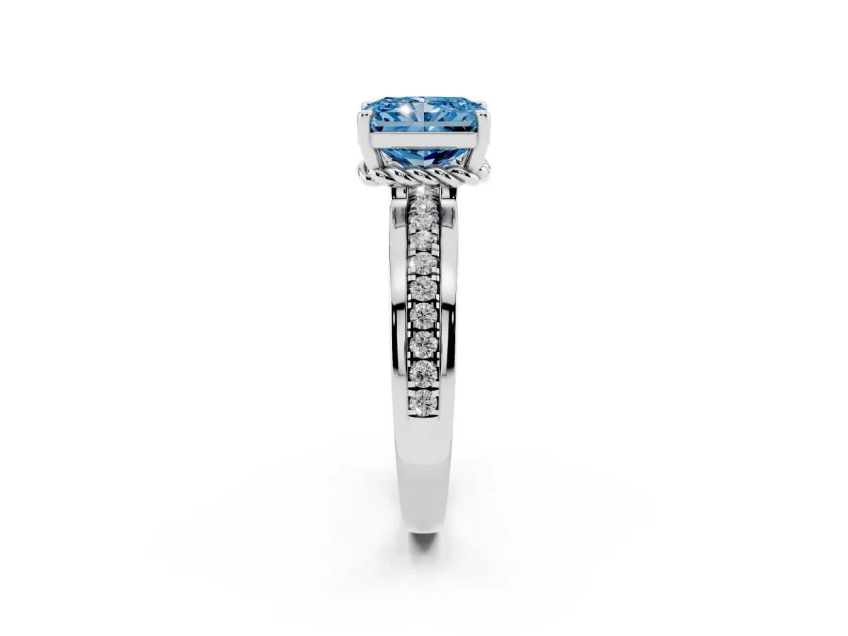 Fancy Blue Radiant Cut Solitaire Diamond Ring with Channel Set Band and Six-Prong Setting White gold