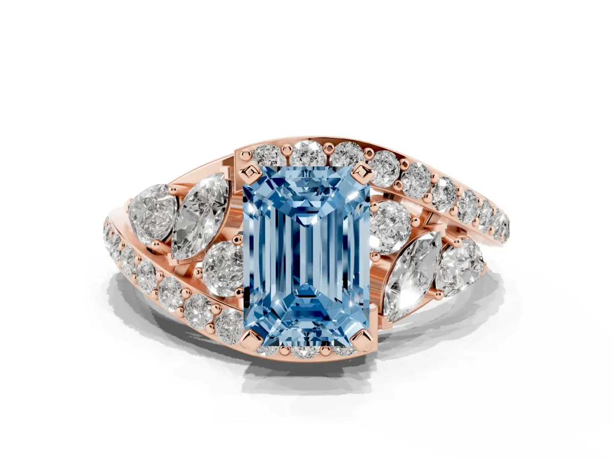 Fancy Blue Emerald Cut Diamond Halo Ring with Marquise and Pavé Band in Prong Setting Rose gold