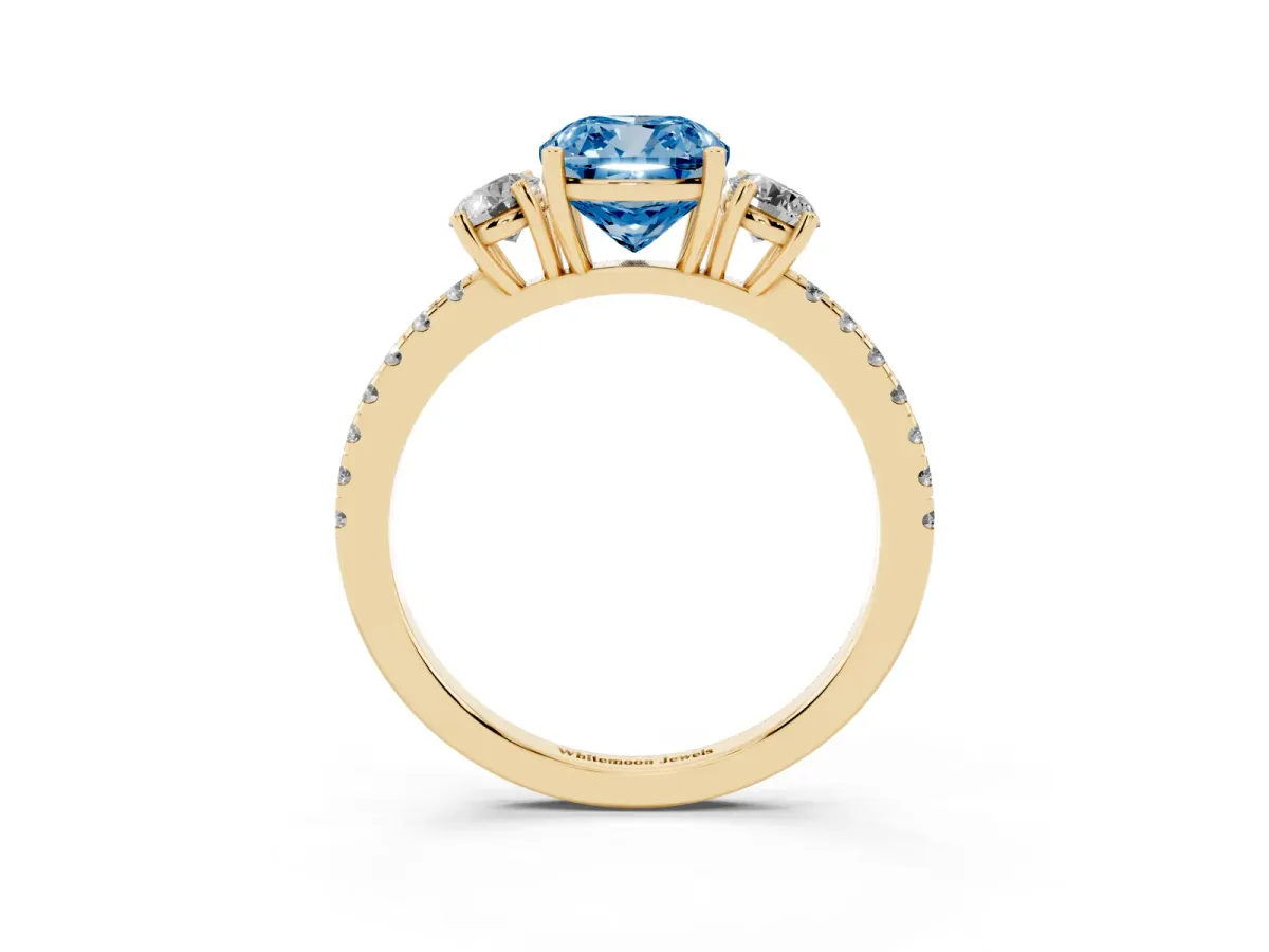 Fancy Blue Three-Stone Cushion Cut Cut Diamond Pavé Band with Prong Setting Yellow gold