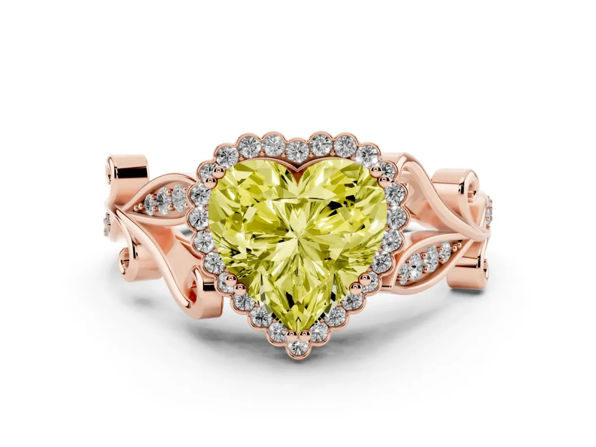 Fancy Yellow Heart Cut Diamond Halo Ring with Vintage Split Shank and Four-Prong Setting Rose gold
