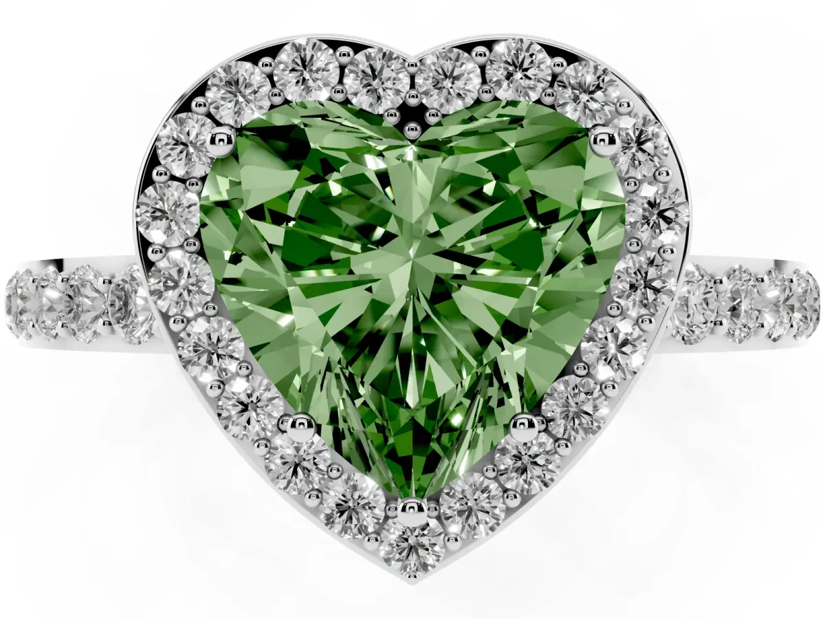Fancy Green Heart Cut Halo Diamond Pavé Band Ring with Prong Setting Platinum
